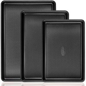 HONGBAKE Baking Sheet Pan Set, Cookie Sheets for Oven, Nonstick Half/Quarter/Jelly Roll Pans with Diamond Texture Pattern, Heavy Duty Cookie Tray, Black