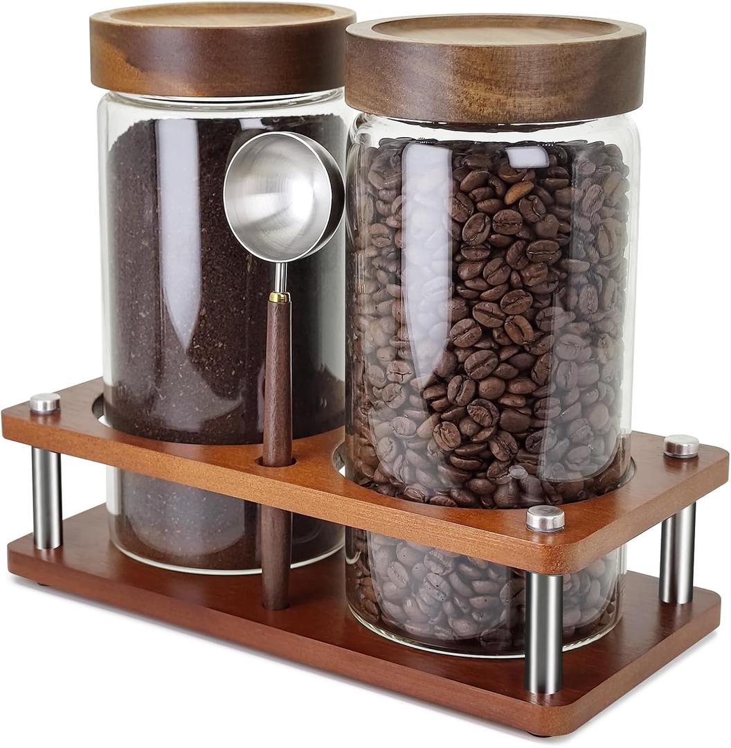 Glass Coffee Grounds Container with Shelf, 2  45 oz Glass Coffee Canisters with Airtight Thread Lid, Glass Storage Jars with Stainless Steel Spoon for Coffee Bean, Sugar,Nut (Brown Bamboo)