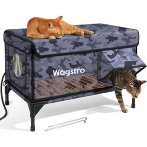 Heated Cat House for Outside, Insulated Weatherproof Heated Outdoor Cat House with Waterproof Eaves & Escape Door, Elevated Outdoor Cat Shelter for Feral Stray Cat (Black Camo, 25.6"x16.5"x18")