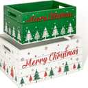 Red Co. Set of 2 White and Green Decorative Nesting Wooden Merry Christmas Storage Crate Organizers with Red Lettering