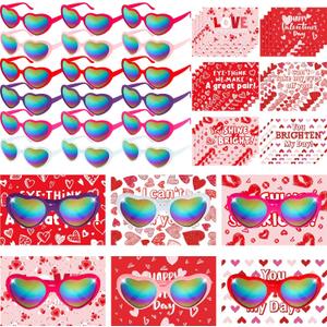 Kathfly 30 Sets Valentines Day Cards with Heart Sunglasses for Kids Valentines Party Favor Bulk Classroom Exchange Gift for Boys Girls