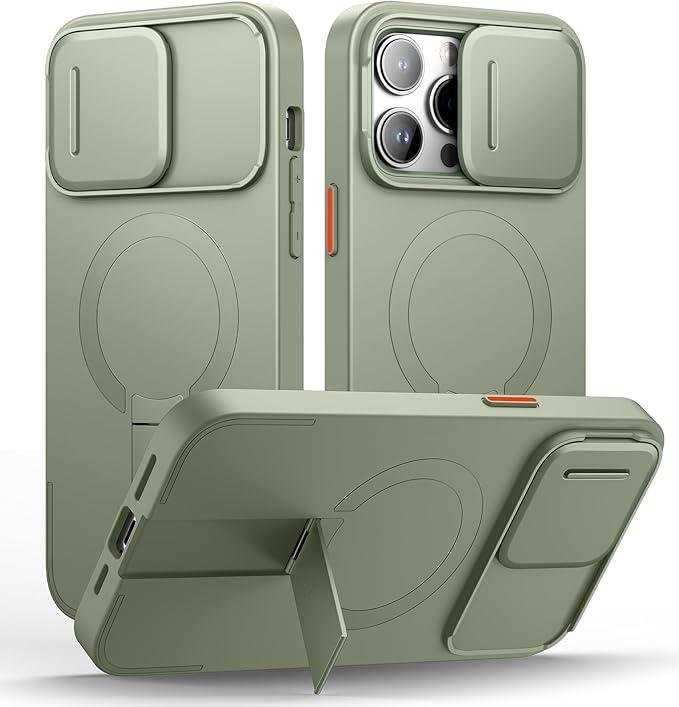 SURITCH for iPhone 14 Pro Max Case with Magnetic Camera Slide Cover and Adjustable Kickstand, Compatible with MagSafe, Shockproof Bumper Case Slim Protective Cover 6.7 Inch, Green