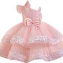 OBEEII Birthday Dress for Toddler Girl Sequins Pageant Tulle Tutu Dress Bowknot Princess Baptism Wedding Flower Girl Gown (3-4T, Pink)