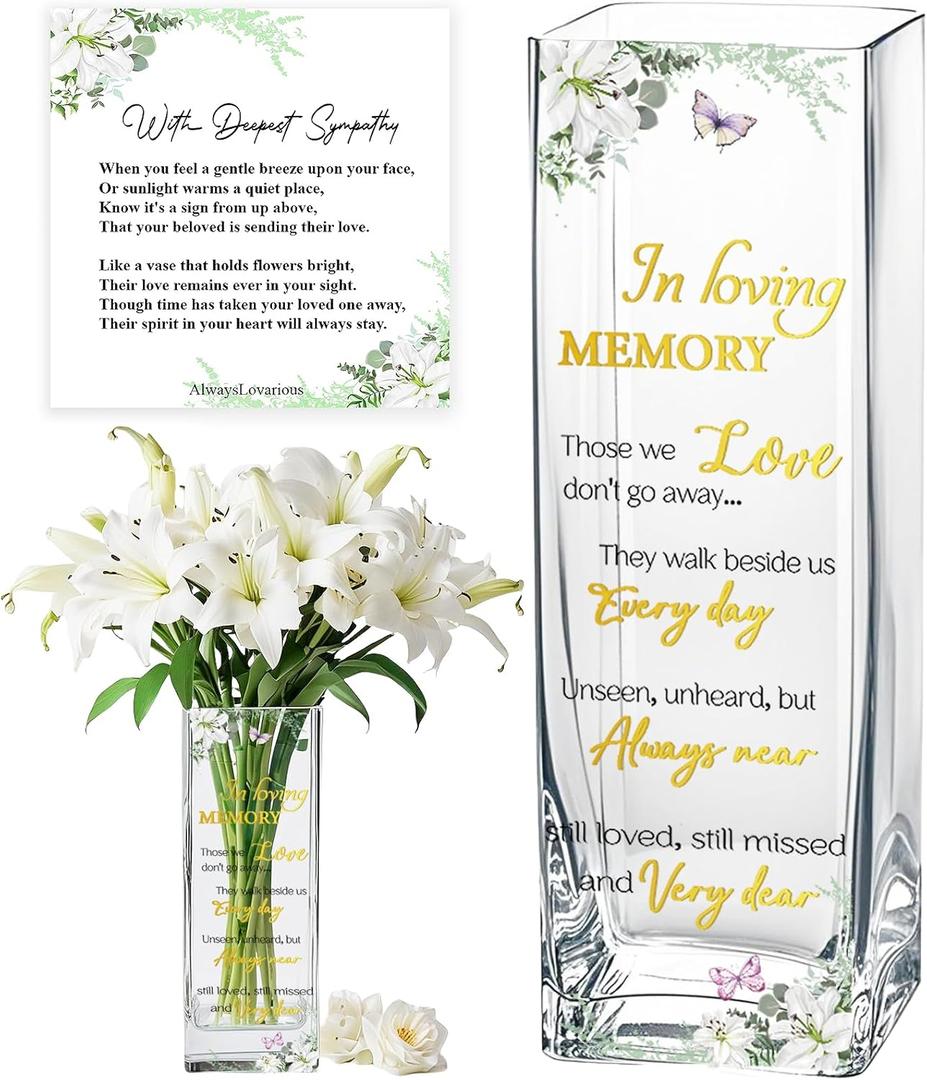 Sympathy Memorial Flowers Vase Sympathy Gifts for Loss of Loved One Dad Mom Husband Sister Friend Grief Gifts for Women Bereavement Condolences Gift for Loss Grieving Sorry for Your Loss Glass Vase