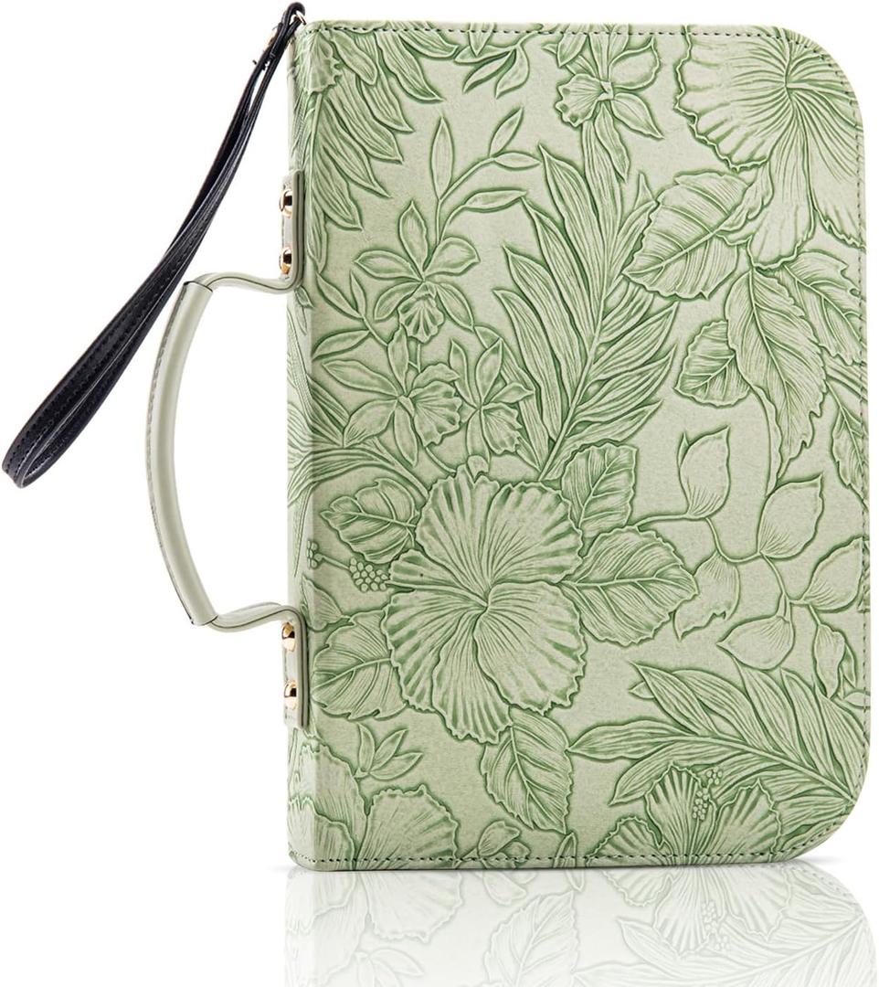 MEGREZ Bible Cover Case for Women and Men, Christian Classic Faux Leather Bible Cover, Bible Verse Cover Case, Green Plants