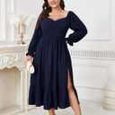 SCOMCHIC Womens Plus Size Wedding Guest Cocktail Dress Sweetheart Neckline Long Sleeve Smocked Ruffle Slit Maxi Dresses (Blue, XXXL)