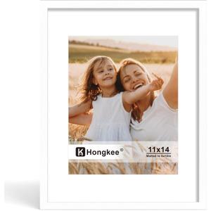 Hongkee 11x14 Picture Frame, Made of Solid Wood with Real Glass, Display Pictures 8x10 with Mat or 11 x 14 without Mat - Wall and Tabletop (White, 1 Pack)