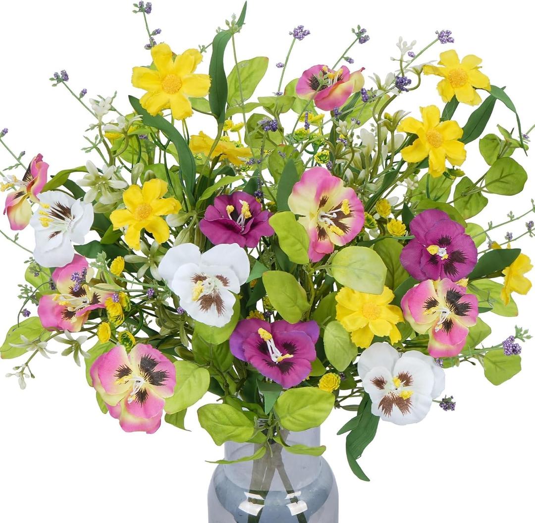 3 Bundles Artificial Fake Wildflowers Silk Flowers with Stems Mixed Colorful Pansies Real Touch Faux Floral Arrangement for Cemetery Vase Fall Home Decor Indoor Party Table Centerpieces Wedding