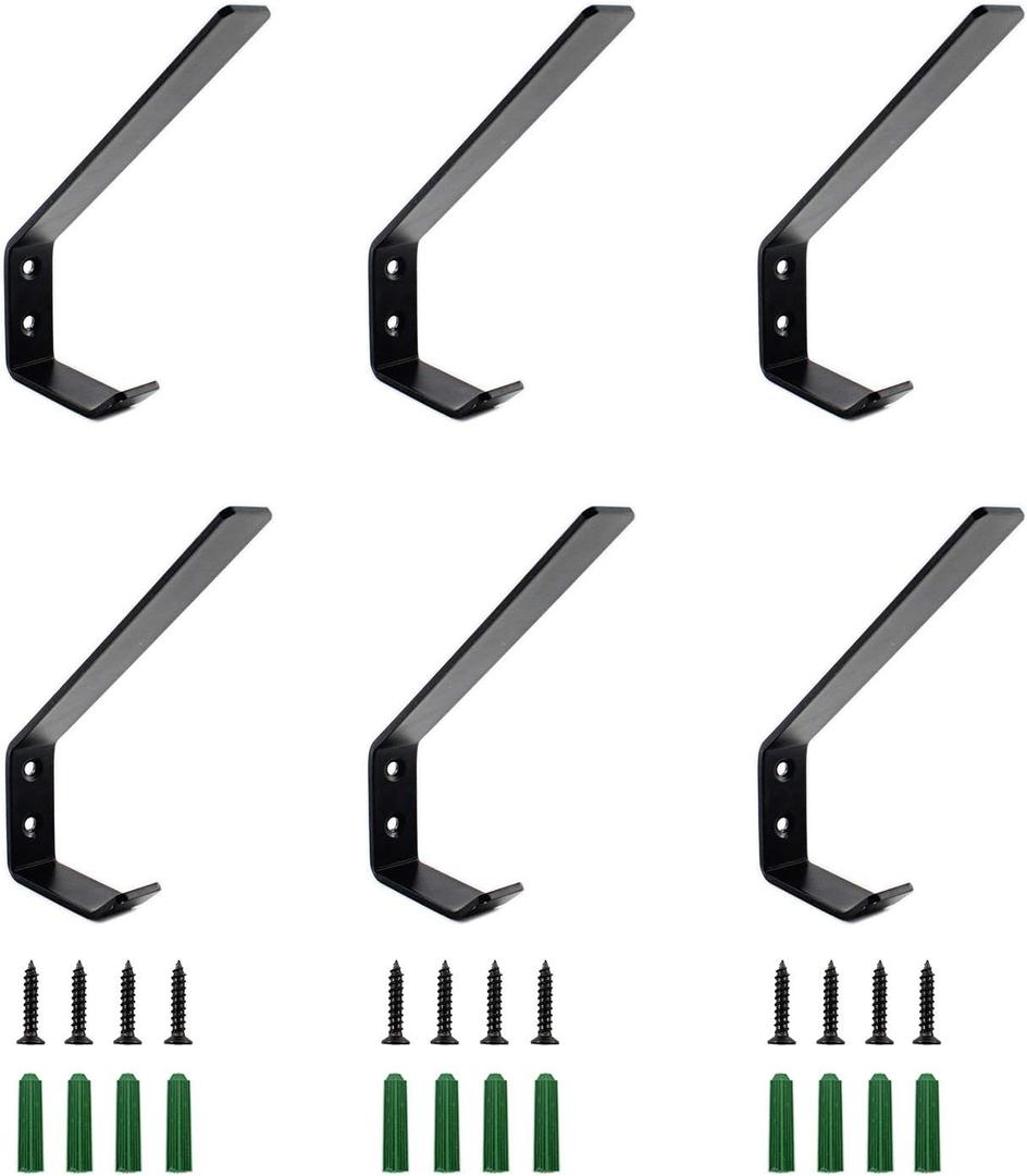 Wall Hooks 6 Pcs, Stainless Steel Coat Hooks for Hanging Towels Hats Keys Plants,Heavy Duty Metal Bathroom Hooks Wall Mounted with Screws (Black Large)
