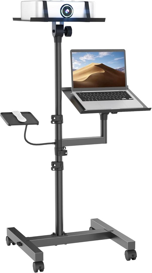 Projector and Laptop Stand Tripod, 2 Shelves Mobile Laptop Tripod Stand, Max 47" Height Adjustable Laptop Cart on Wheels, Projector Floor Stand with Ventilated Tray for Podium, Meeting, Couch (Black)