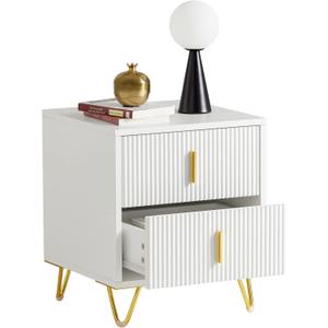 SoBuy White Nightstand with 2 Drawers  Modern Fluted Bedside Table with Metal Handles & Feet, Small Accent Storage Cabinet for Bedroom, FBT115-W
