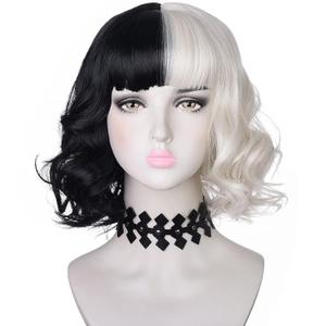 Black and Light Blonde Wig with Necklace Choker for Womens Girls Cosplay Costume Short Wavy Bob Synthetic Wigs with Bangs for Halloween Party (Black and White)