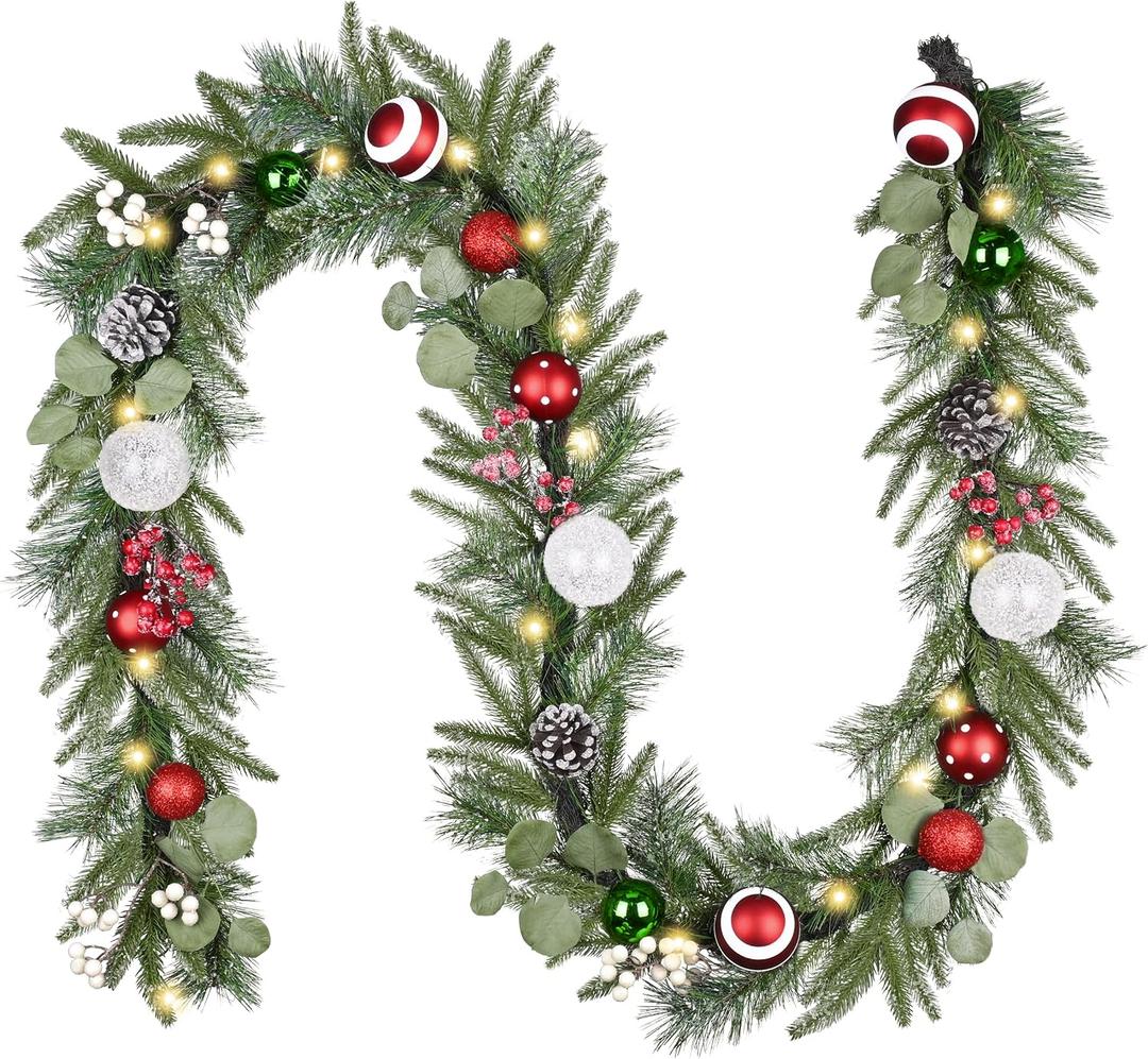 Valery Madelyn 9 Ft Pre-Lit Christmas Garland with Lights for Mantle, Lighted Outdoor Xmas Garland with Red Green White Balls Norfolk Pine for Stairs Fireplace Table Centerpiece Indoor Holiday Decor
