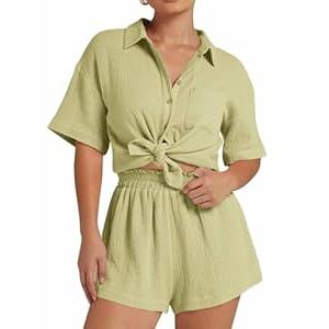 Flygo Womens Casual 2 Piece Outfits Cotton Linen Sets Button Down Oversized Shirt Shorts 2025 Pajama Lounge Beach Set (X-Small)