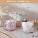 Cute Cubic Shaped Floral Cotton Makeup Cosmetic Bag for Women, Travel Quilted Zipper Make Up Bag, Cube Flowers Organizer Case Kawaii Makeup Cosmetic Travel Cloth Pouch (Blue Floral)