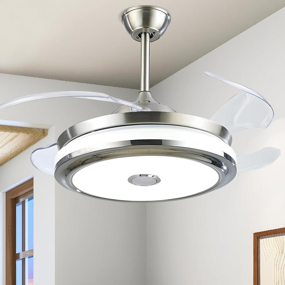 MORE CHANGE Retractable Crystal Ceiling Fans Light with Remote Control, Chandelier Ceiling Fan 36 inch Fandelier(Silver)