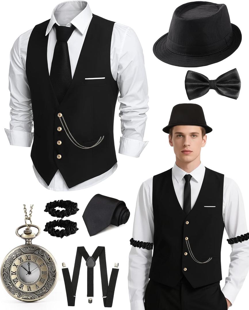 1920s Mens Costume, Roaring 20s Costumes for Men, Fedora Hats for Men 1920S Mens Outfit with Hat, Vest,Pocket Watch (XX-Large, Black)