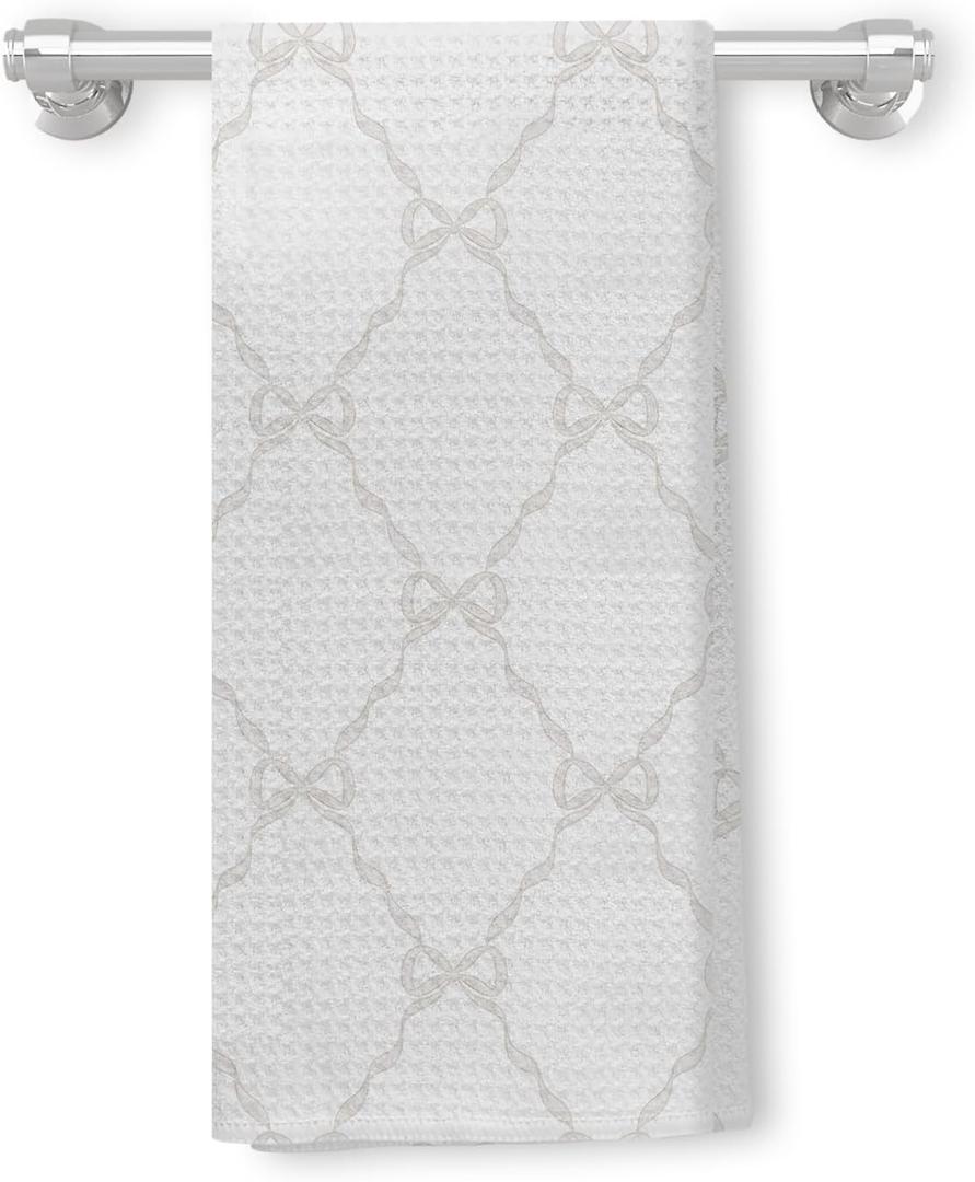 Beige Coquette Knot Kitchen Towels, Preppy Hand Towels, Coquette Bathroom Decor, Beige Bow Ribbon Dish Towels, 16x24 Inch (Creamy White)