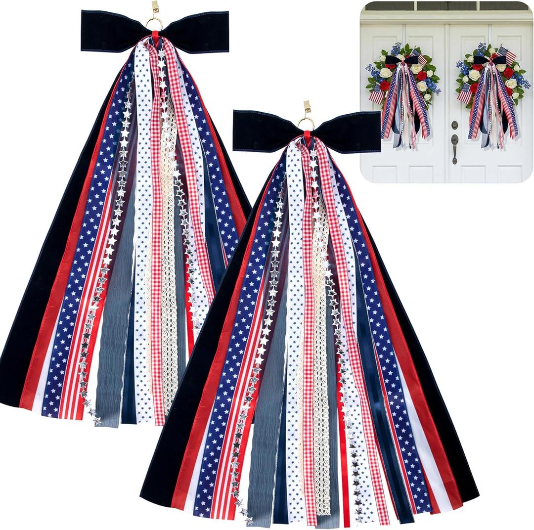 RunNico 2 Pcs Patriotic Assorted Ribbon Bow for Wreath, 30'' x 20'' Large Red White Blue Clip-On Wreaths Ribbon Decoration, 4th of July Decorative Wreath Sash Bundle for Memorial Independence Decor