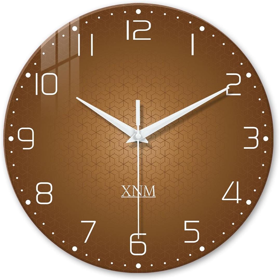 XNM Round Glass Brown Wall Clock Battery Operated 20 Inch