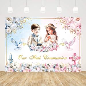 7x5ft Our First Communion Backdrop for Twins Nuestra Primera Comunion God Bless Baptism Photography Background Mi Bautizo Chalice Doves Baby Shower Party Decorations Banner Photo Props