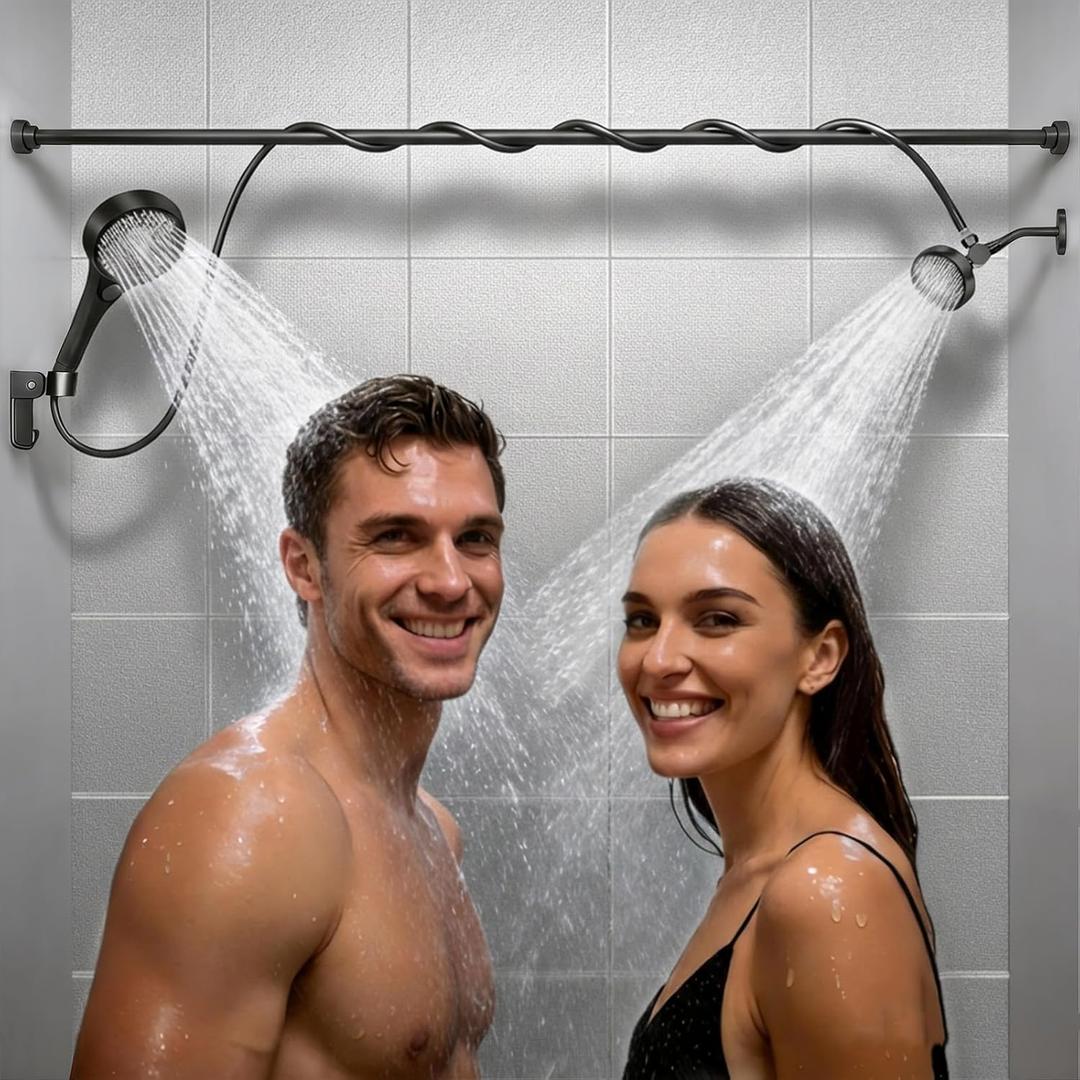Dual Shower Head with Handheld for Couples: High Pressure Double Shower Heads for Two People - Adjustable Two Showerhead System with 3 Flow Settings Fits 2 Person Bathroom (Black)