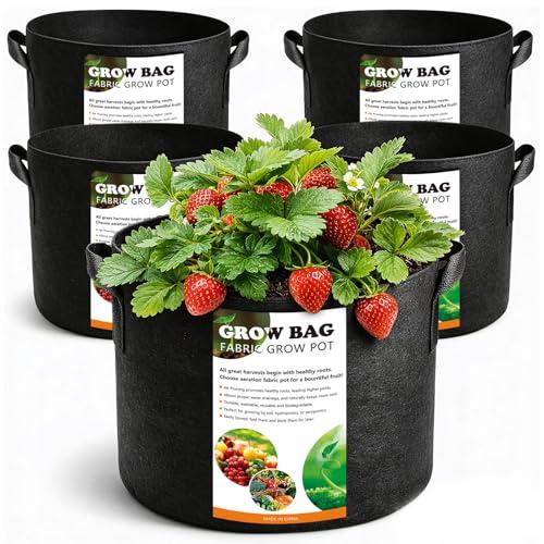 COKIELE 5 Pack 5 Gallon Grow Bags, Thickened Aeration Nonwoven Fabric Plant Pots with Handles, Heavy Duty 300G Garden Planting Bag for Tomato, Potato, Strawberry, Vegetable, Fruits and Flowers