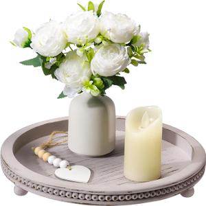 Handmade Wooden Decorative Tray, Small Beaded Coffee Table Tray Decor, Grey Round Decorative Tray for Coffee Table, Dining Room Table Entryway and Living Room Table (Gray)