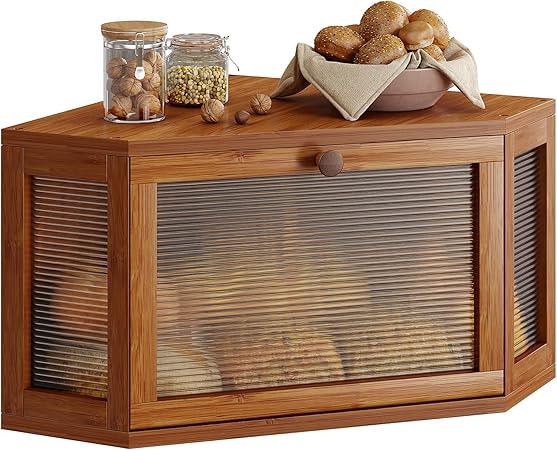 WOWLIVE Corner Bread Box for Kitchen Countertop, Bamboo Bread Storage Container, Large Farmhouse Bread Holder with Acrylic Wavy Door Panel, Multi-functional Container, Caramel