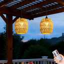 Battery Operated Chandelier, 2 Pack Natural Rattan Pendant Lights - Waterproof Outdoor Boho Hanging Lamps with Egg-Shaped Design, for Patios, Pergolas, Porch, Gazebo & Indoor Ceiling Decor