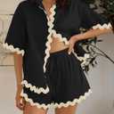 ZESICA Women's Button Down Pajama Set Line Short Sleeve Shirt and Shorts Pj Lounge Sets Sleepwear with Pockets (Black, M)
