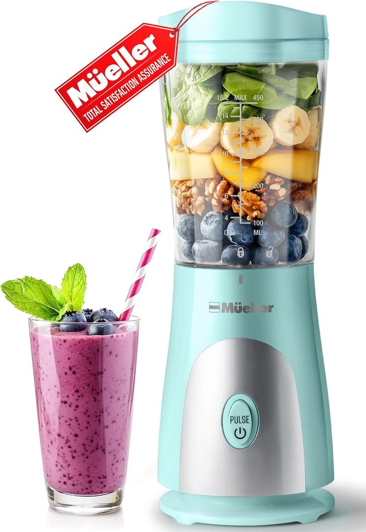 Mueller Smoothie Blender for Smoothies - Personal Blender for Shakes, Frozen Drinks, Baby Food & More, 15oz Travel Cup and Lid, Durable Stainless Steel Blades for Powerful Blending Performance Turquoise