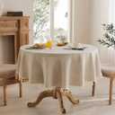 Linen Tablecloth with Tassels, Farmhouse Style Beige Tablecloth, Water Resistant Burlap Tablecloths for Round Table, 60 Inch Round Natural