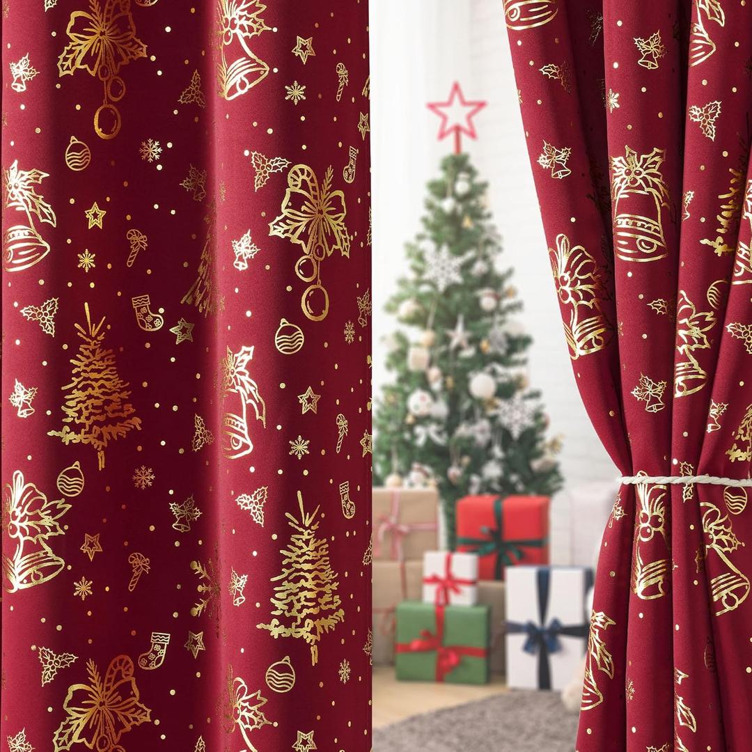 RYB HOME Christmas Curtains for Bedroom/Living Room, Red Curtains with Gold Foil Stamping Patterns, Blackout Thermal Insulating Window Drapes, W52 x L95, 2 Panels