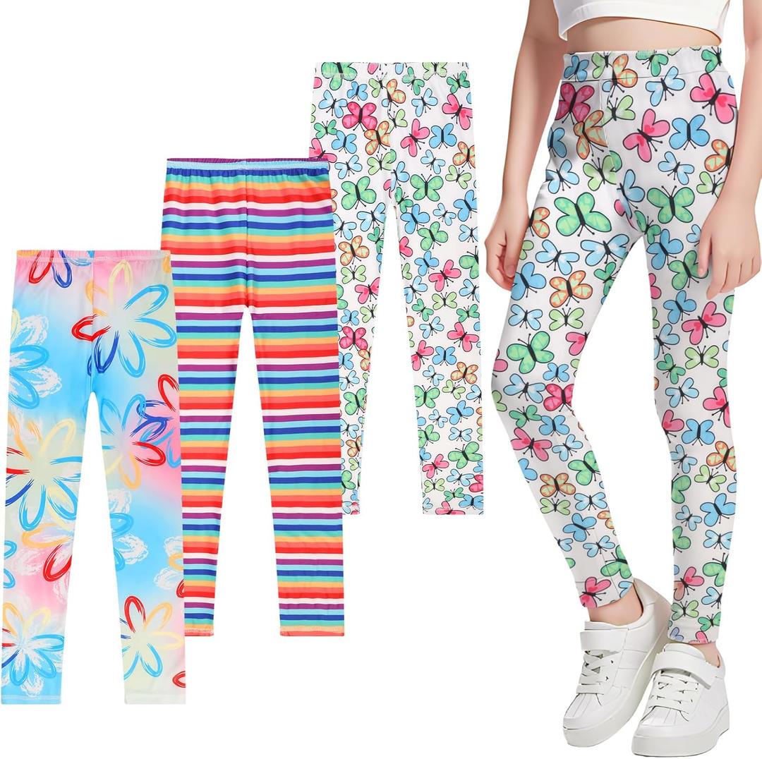 TXJ Sports 3-Pack Leggings for Girls Fashing Printing Girls Leggings Soft Kids Pants Ankle Length in 3t to 11 Years (9-10 Years, Colorful Flowers/Rainbow Strips/Colorful Butterfly)
