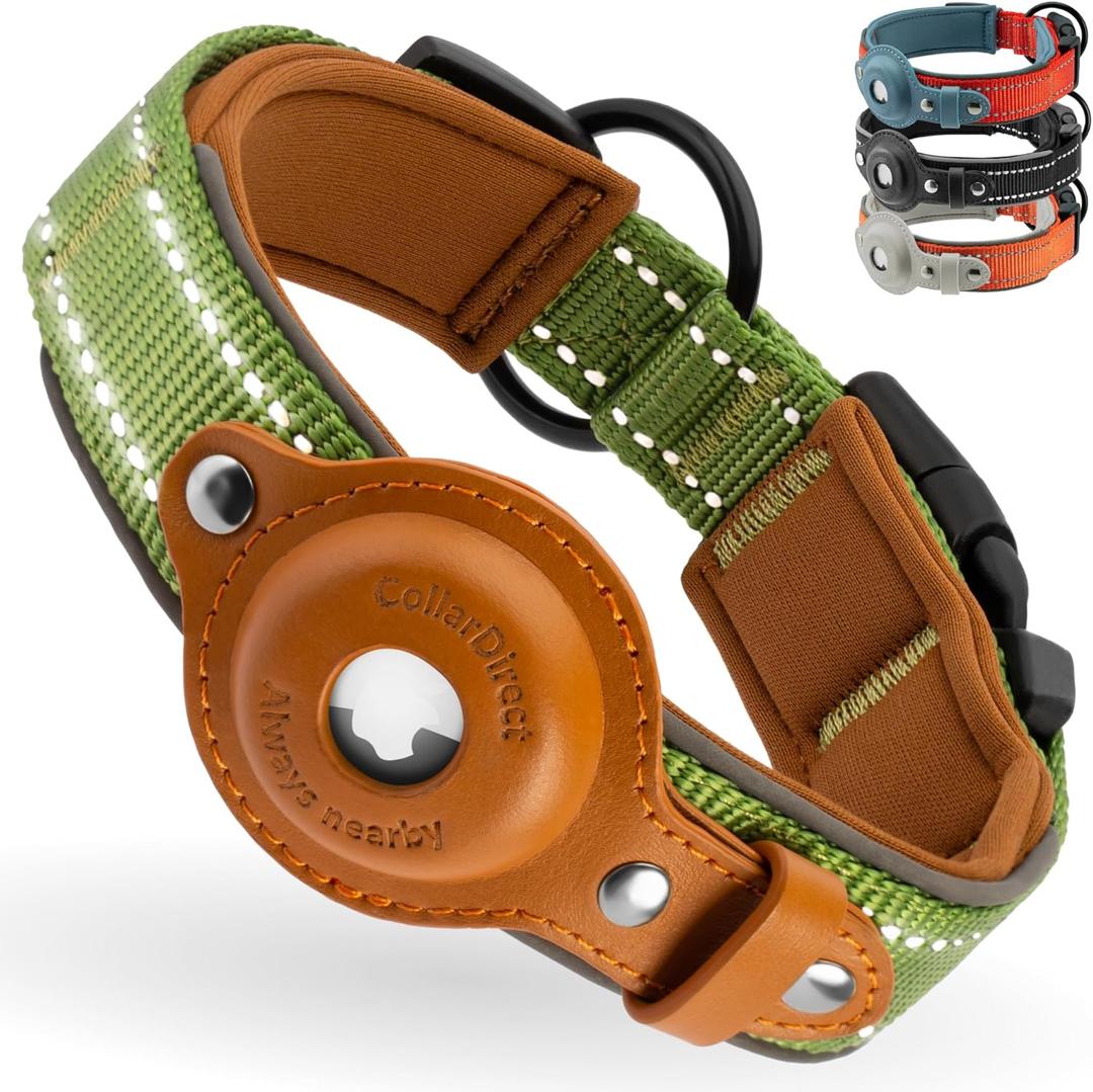 CollarDirect Airtag Dog Collar Reflective Nylon Neoprene Leather Holder for Apple Air Tag for Large, Medium, and Small Dogs (Green, L, 16.5-20 Inch) (Large 16.5"-20")