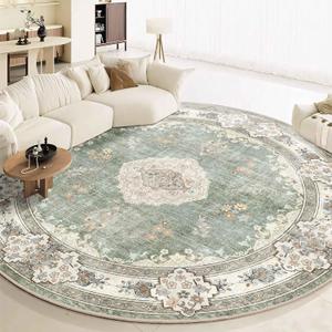 MUJOO Green Round Rug 9ft,Large Circle Washable Area Rugs for Bedroom Living Room Bathroom,Boho Non Slip Circular Carpet,Sage Floral