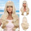 BERON Blonde Wig Long Wavy Blonde Wig with Bangs Long Blonde Wigs for Cosplay Costume Party Hairnet Include
