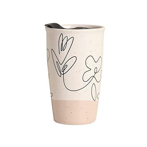 ANTIS'S HOME Ceramic Coffee Mug with Lid, Flower Pattern Double Wall Coffee Travel Mug Ceramic Tumbler 9.64oz, Reusable Tall Cup, Splash Resistant Lid, Dishwasher Microwaveable Safe