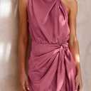 PRETTYGARDEN Women's Short Formal Satin Dress Summer Sleeveless Mock Neck Tie Waist Cocktail Party Dresses (Pink, L)