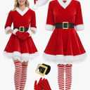 SOMSOC 5 Pack Women Mrs Claus Christmas Costume Set Velvet Dress with Belt Striped Over Knee High Socks Santa Hat Gloves, Size L