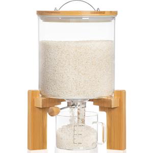 HBlife 8-10 Lbs Glass Rice Dispenser with Wooden Stand Flour and Cereal Container with Glass Measuring Cup Pantry Food Organization Storage Bin with Airtight Bamboo Lid, 5L