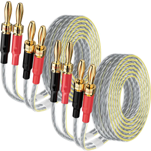 2 Pack 16/2 Speaker Flat Wire Cable with Banana Tip Plugs 10 FT, 16 Gauge AWG Wire, Tinned OFC Copper, Transparent Jacket with Yellow Polarity Marker, for Indoor & Outdoor, Hi-Fi