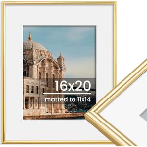 16x20 Picture Frame, Display Pictures 11x14 with Mat or 16x20 Without Mat, Wall Hanging Photo Frame, Gold, 1 Pack