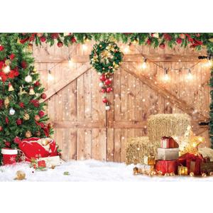 Christmas Backdrop Soft Fabric Rustic Barn Wood Door Backdrop for Photography Xmas Tree Snow Wall Floor Party Photo Background Family Banner Decorations Studio Prop Pictures (7x5 Ft) (7 Ft By 5 Ft)