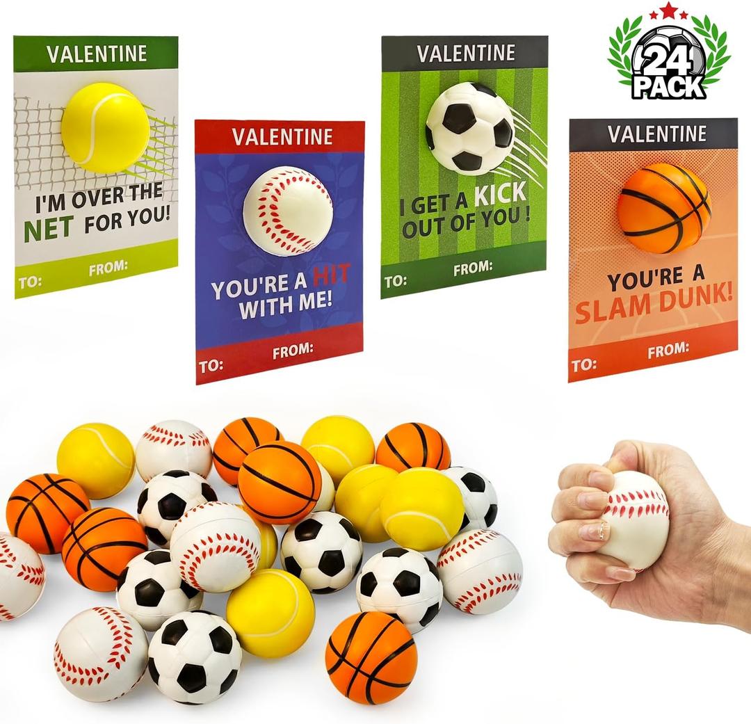 Stress Ball Valentines Day Cards Gifts for Kids Classroom -24 Pack, Mini Foam Sports Toys with Exchange Cards for Boys School, Valentines Goodie Bag Stuffer Class Treats Prizes for Preschool Toddlers