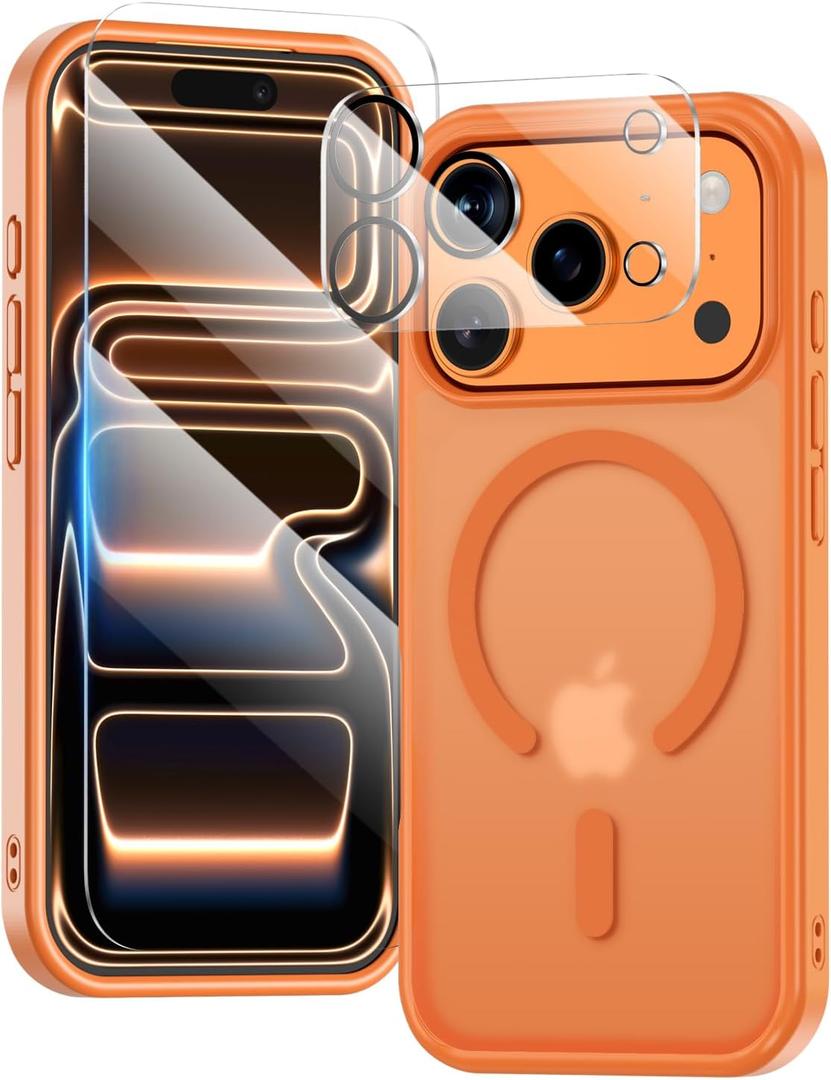 for iPhone 17 Pro Case,Compatible with MagSafe,with 1 Screen Protector & 1 Camera Lens Protector,Anti-Sweat Anti-Scratch,Military-Grade Shockproof Slim Phone Cover, Matte Frosted Orange