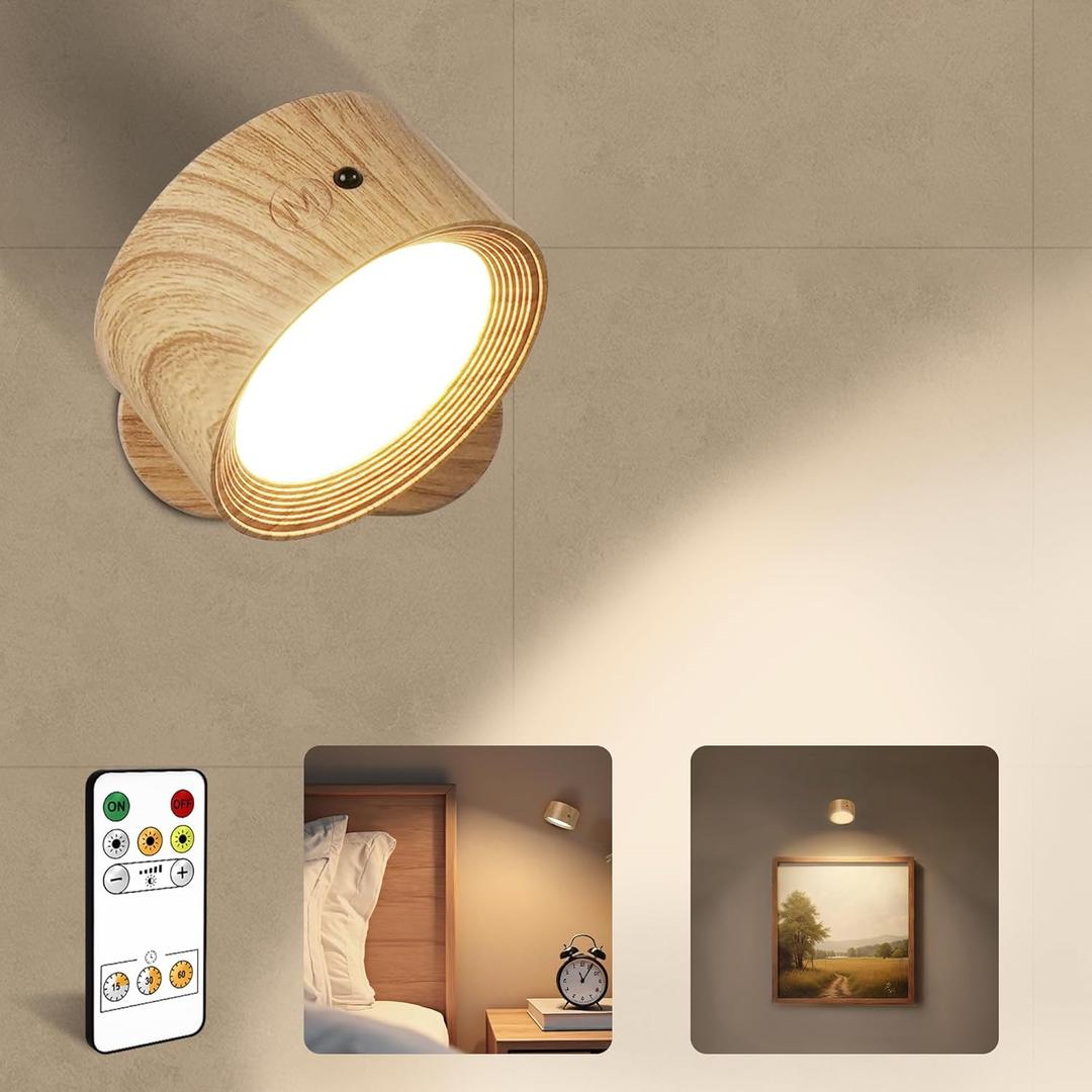 LED Wall Mounted Lights, Rechargeable Wall Sconces Lamp, 3 Color Temps & Remote and Touch, 360Rotation Dimmable Cordless Wall Light for Study Bedroom Reading Bedside(Wood, 1 Pack)