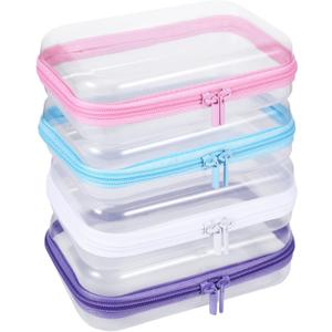 4 Pack Clear Hard Shell Zipper Case, 47.5" Plastic Clear Storage Zipper Case, Transparent Waterproof Hard Pouches for Makeup Cosmetic Snacks Building Blocks Puzzles Doll Storage Cases, Multicolor,S