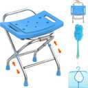 Height Adjustable Folding Shower Chair Seat, Stainless Steel Shower Chair for Inside Shower w/Crossbar, 420LB Portable Travel Shower Stool, Safety Anti-slip Bath Chair for Seniors, Adults,Blue